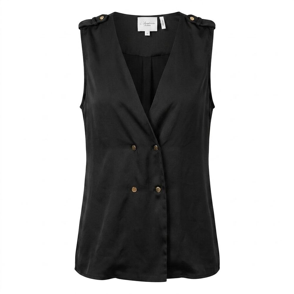 L'Academie Black Double Breasted Sleeveless V-Neck Vest Top Women Size XS